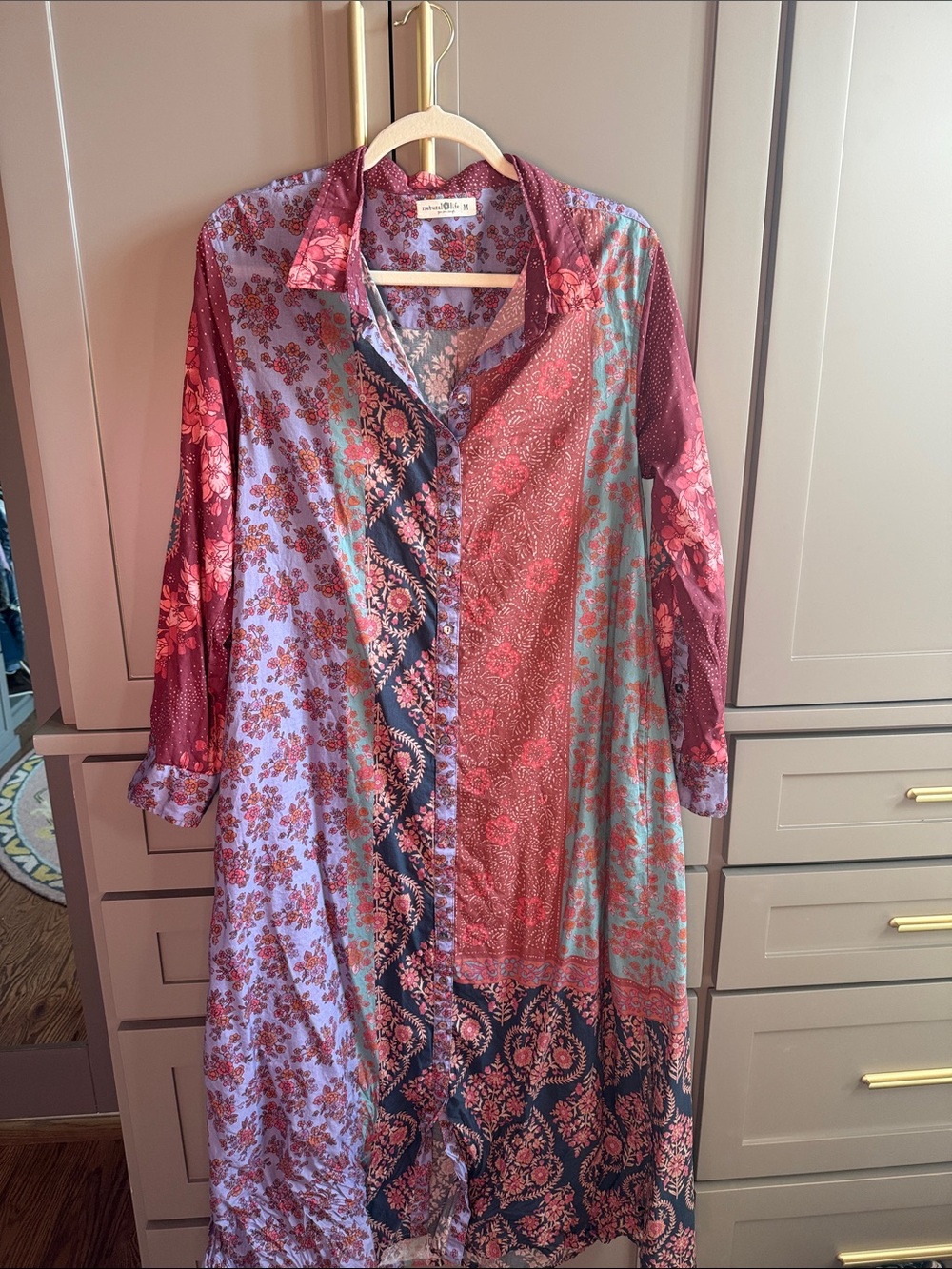 Natural Life Boho Patchwork Button-Down Maxi Dress - Pink Multi